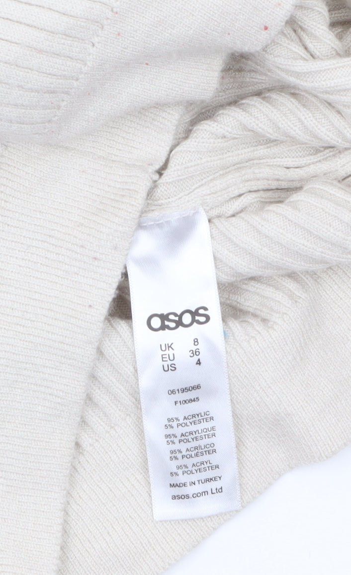ASOS Women Beige Full Zip Ribbed Knit Jumper Size 8 High Neck