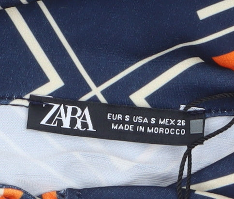 Zara Women Blue Geometric Shift Dress Size S Long Sleeve Retro Style