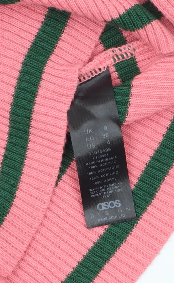 ASOS Women Pink Striped V-Neck Long Sleeve Slim Fit Jumper Size 8