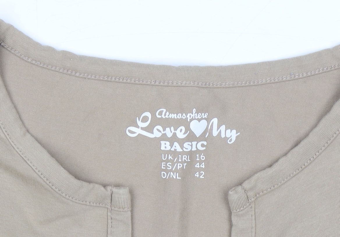 Atmosphere Women Beige Basic Short Sleeve Henley T-Shirt Size 16