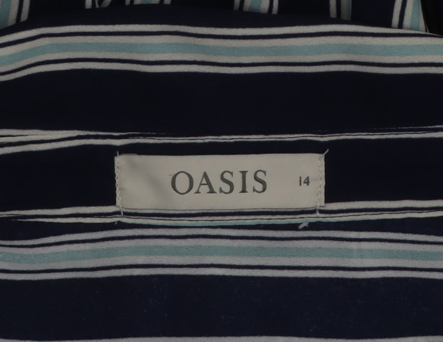 Oasis Women Blue Striped Long Sleeve Button-Up Shirt Size 14