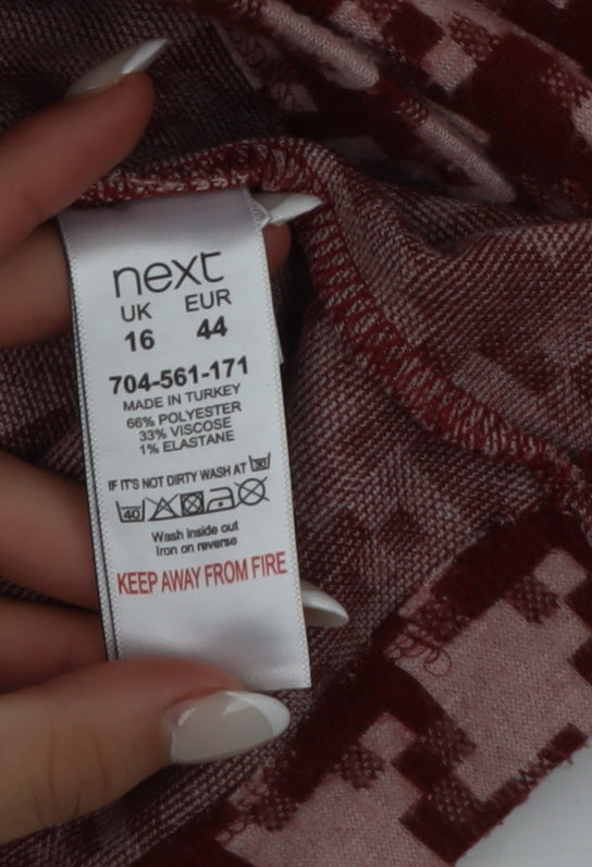 Next Women Red Houndstooth Mock Neck Zip Tunic Blouse UK 16