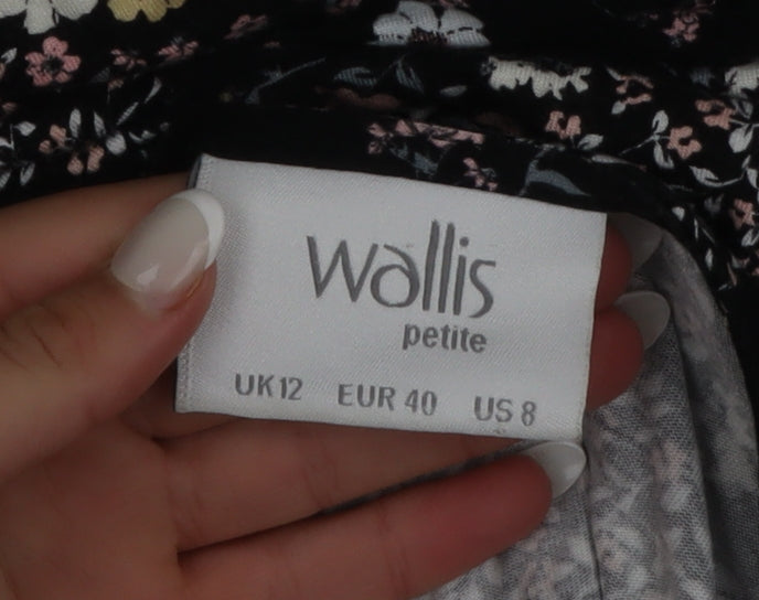 Wallis Petite Black Floral Wrap Dress UK 12 Long Sleeve V-Neck