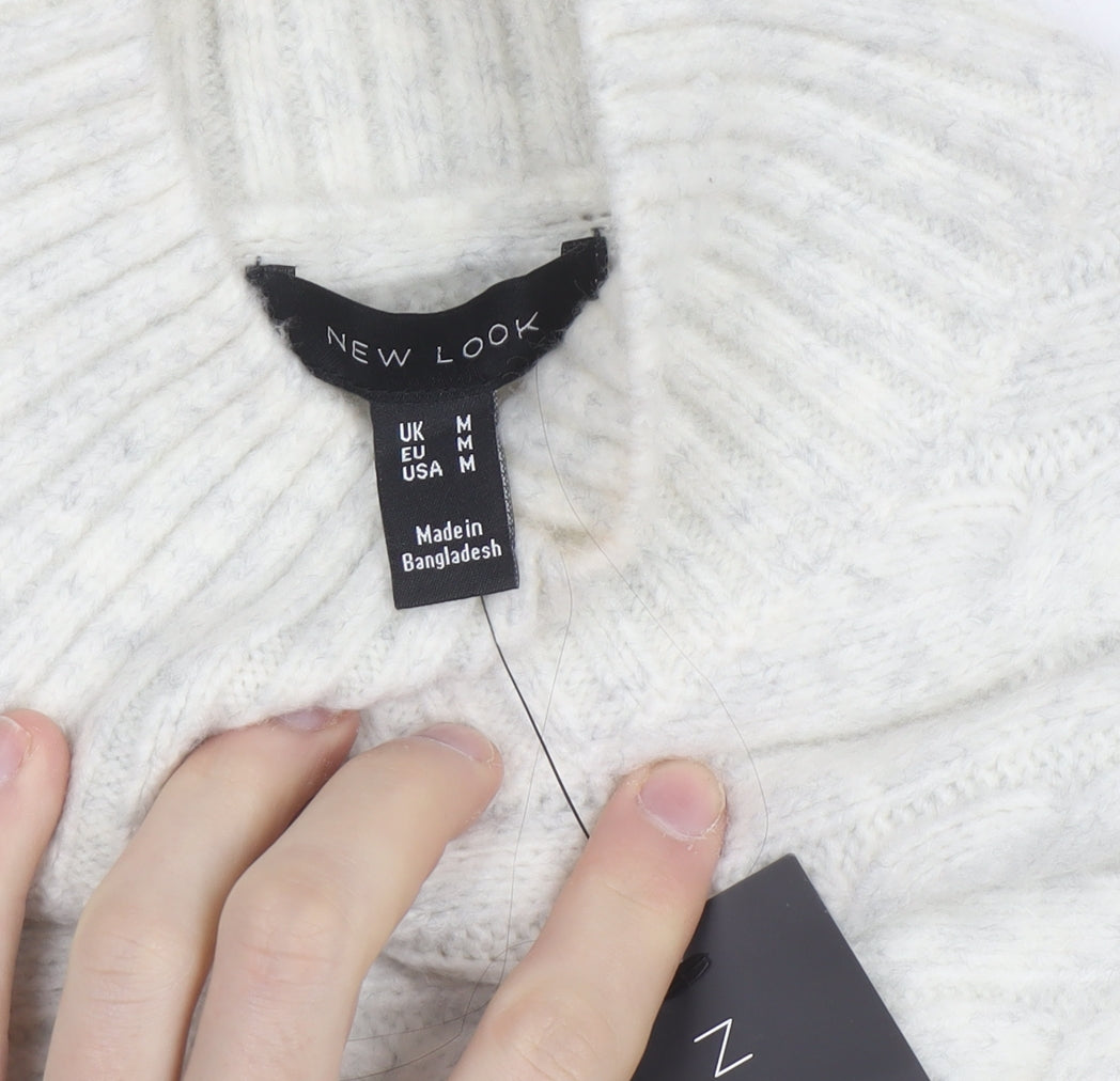 New Look Women's White Cable-Knit High Neck Jumper Size M