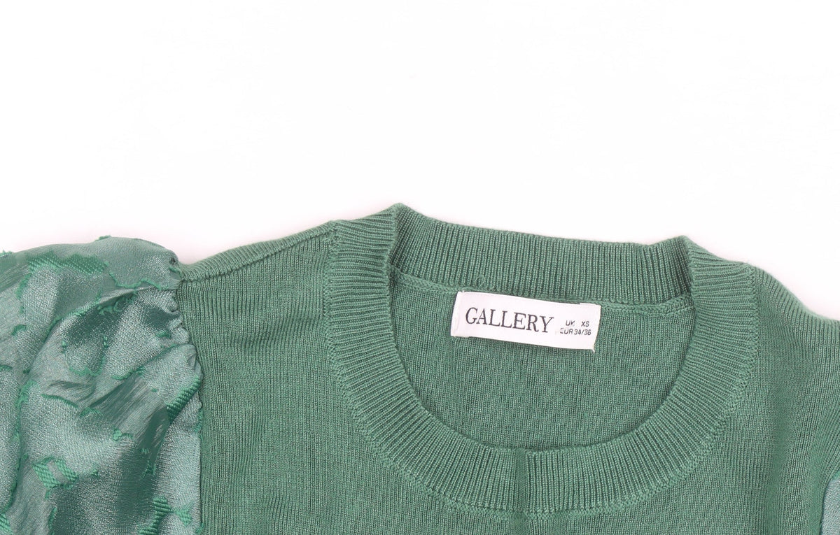 Gallery Women Green Puff Sleeve Knit Top XS Crew Neck Elegant Style