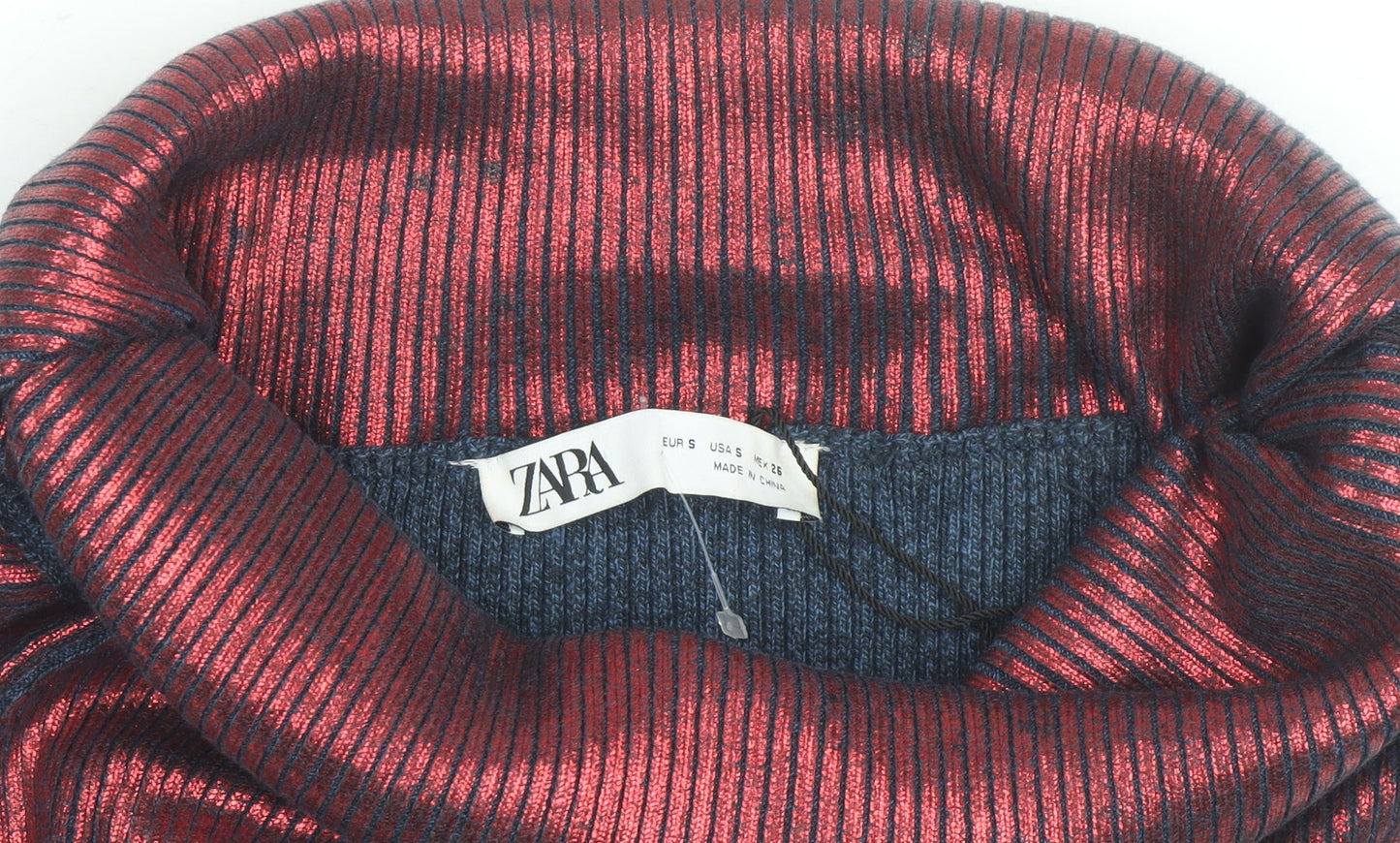 Zara Women’s Red Metallic Ribbed Roll Neck Cropped Top Size S