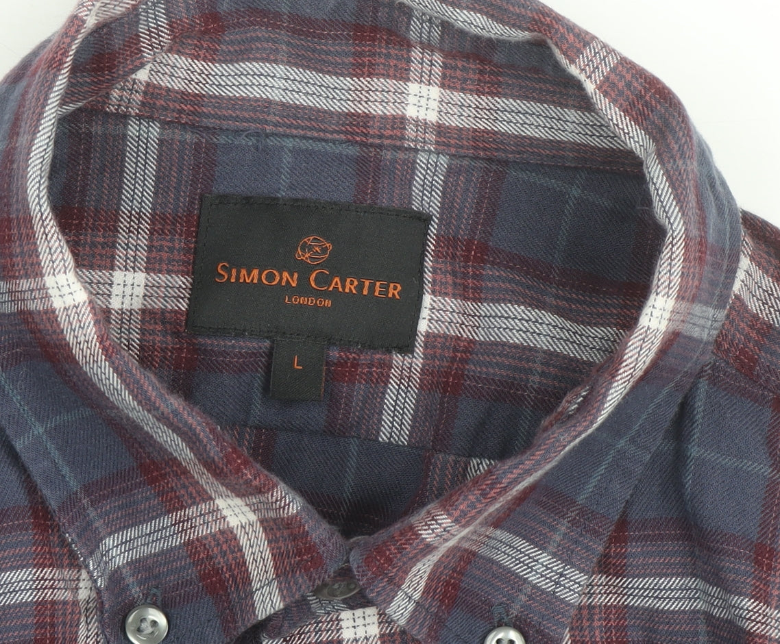 Simon Carter Men's Blue Checked Cotton Button-Down Shirt L