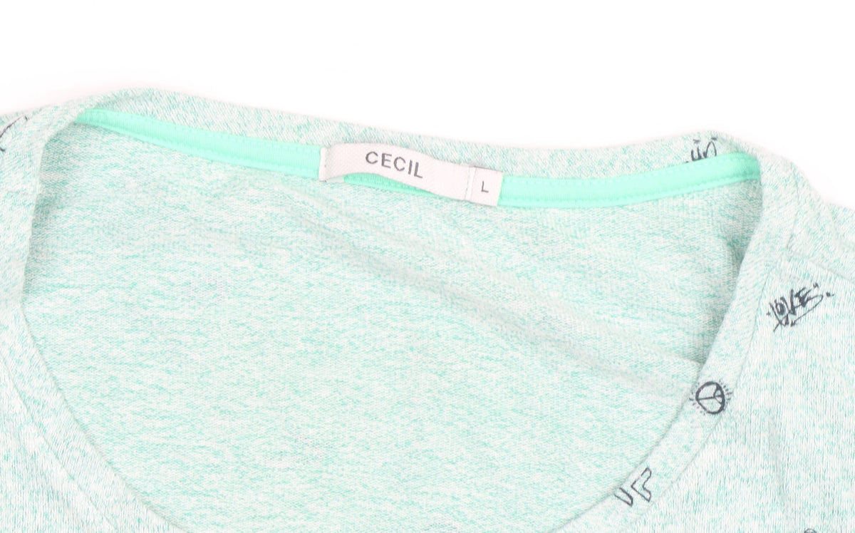 Cecil Womens Green Scoop Neck Long Sleeve Graphic Pullover Jumper Size L