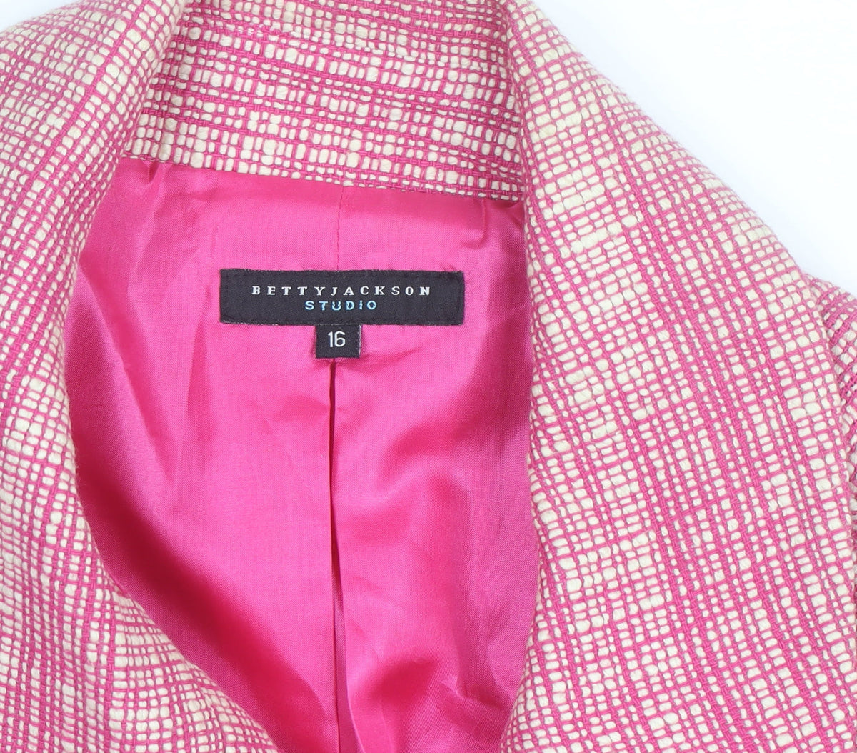Betty Jackson Studio Women Pink Check Cropped Jacket Size 16 Cotton Lined