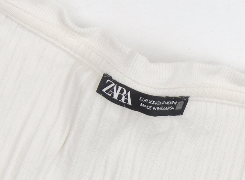 ZARA Women Ivory Long Sleeve Ribbed Square Neck Cotton Top XS