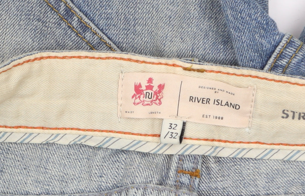 River Island Men's Blue Straight Distressed Jeans Size 32x32