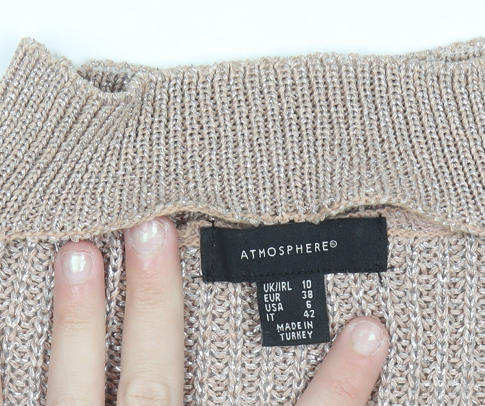 Atmosphere Women Beige Metallic V-Neck Knit Jumper Size 10