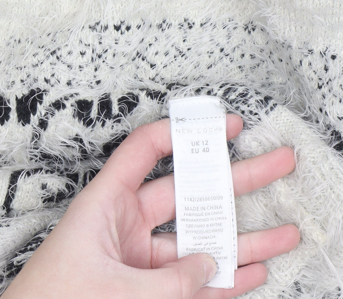 New Look Women Ivory Fair Isle Fluffy Knit Jumper Size 12
