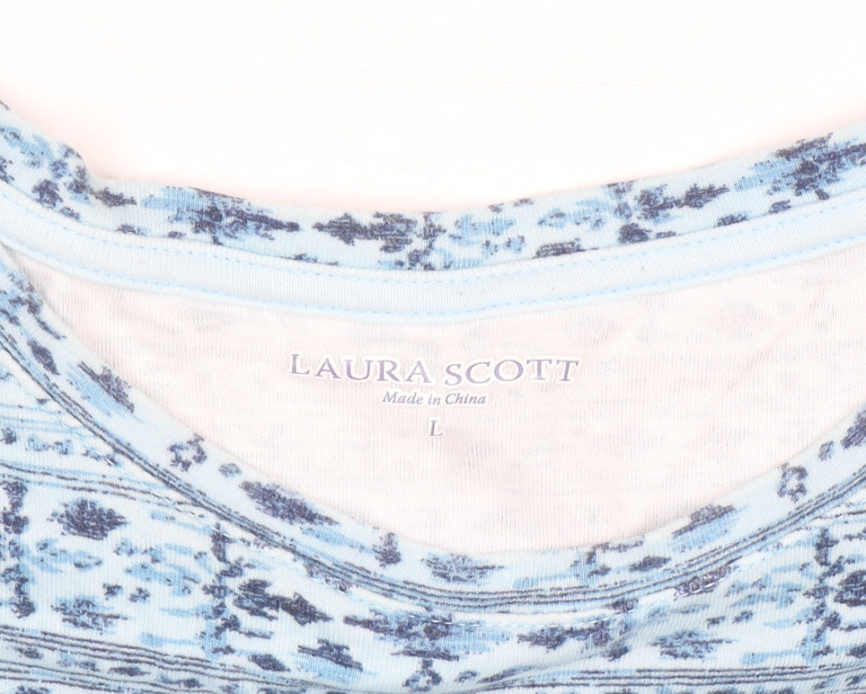 Laura Scott Women's Blue Floral Cotton Short Sleeve T-Shirt L