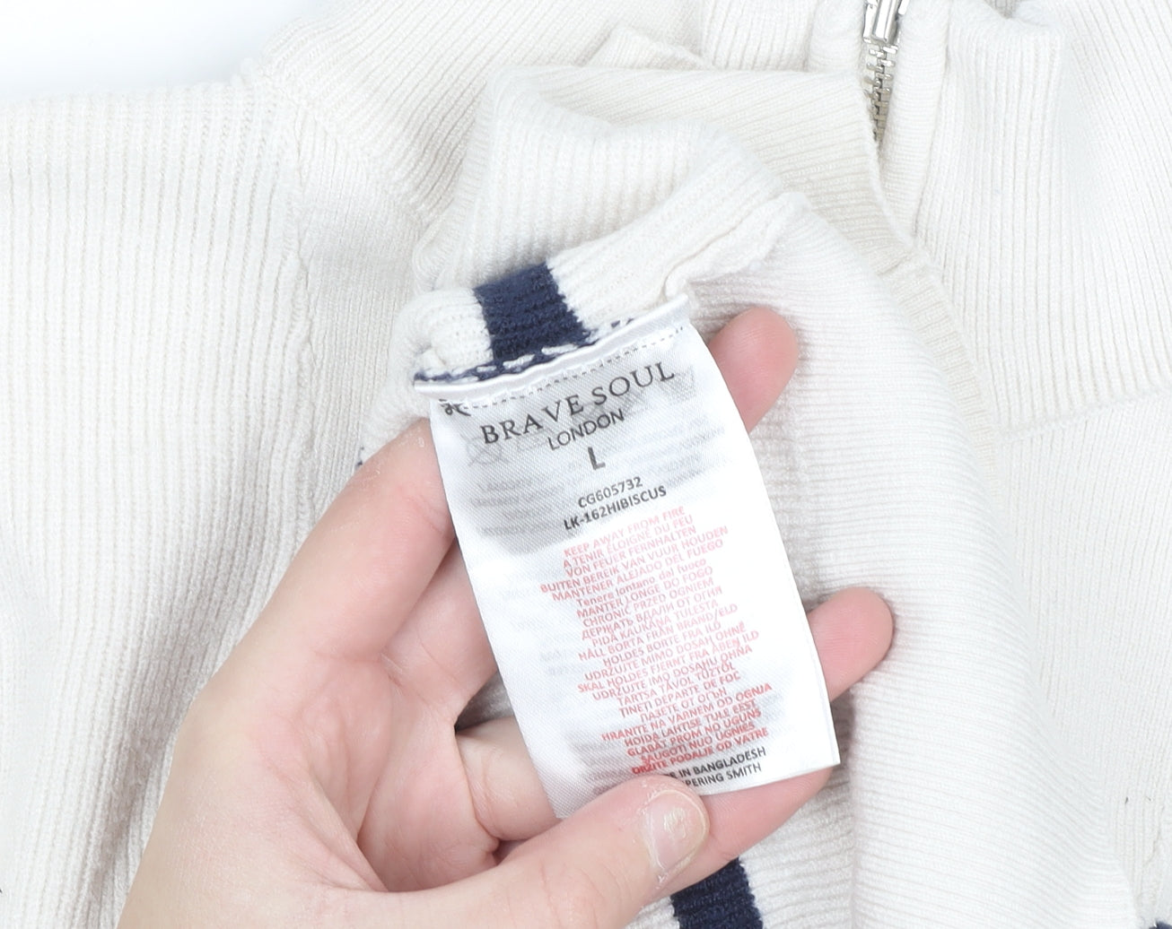 Brave Soul Men's White Striped Half Zip High Neck Jumper Size L