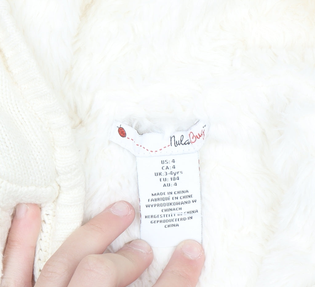 Nula Bug Girls Ivory Fair Isle Hooded Knit Jacket 3-4 Years Lined Zip Up