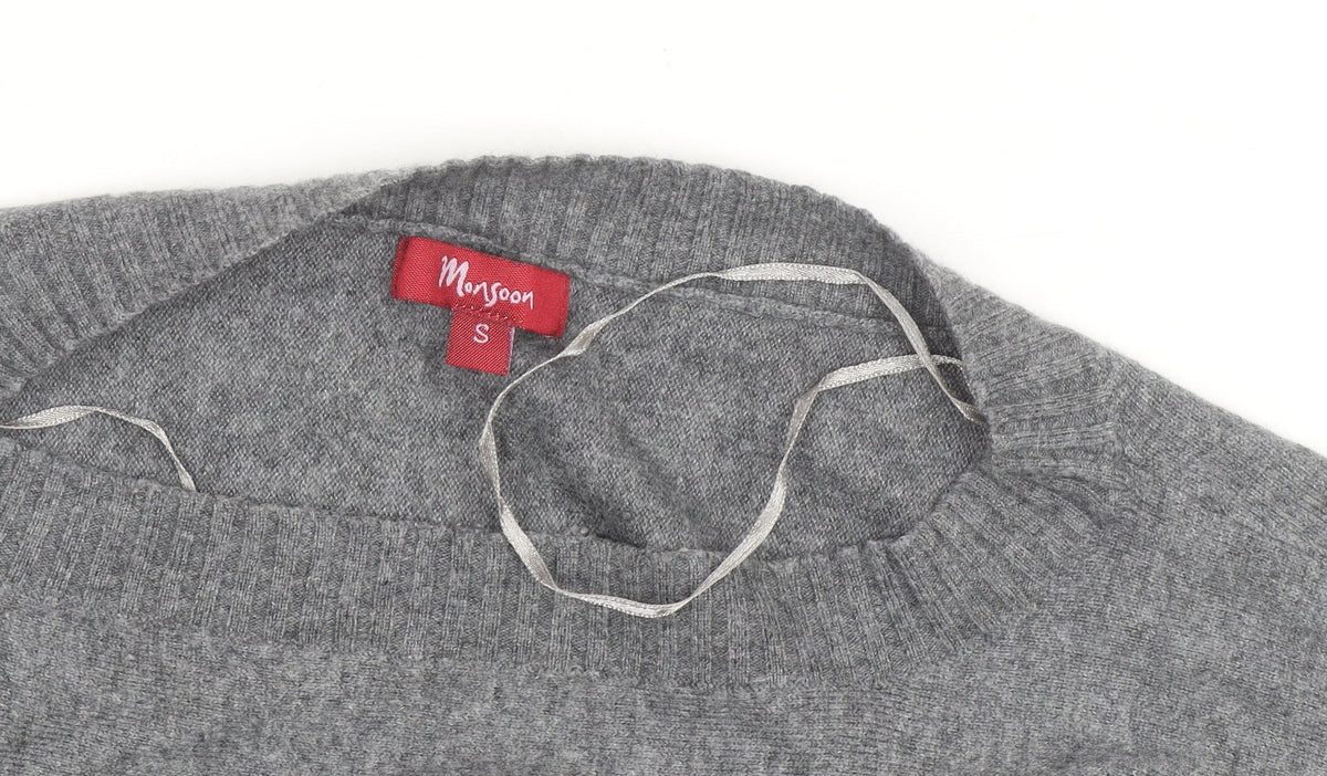 Monsoon Women Grey Knit Crew Neck 3/4 Sleeve Relaxed Jumper S