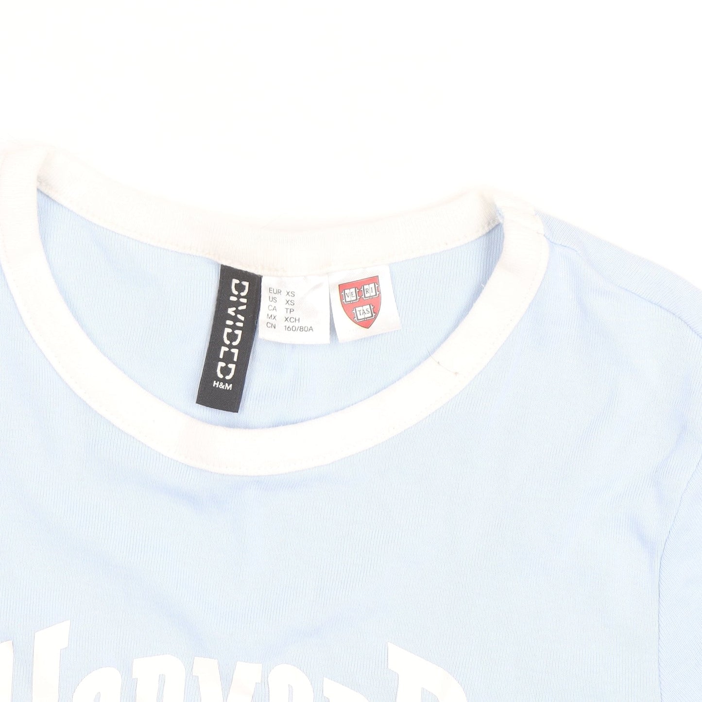 H&M Girls Blue Harvard Ringer T-Shirt XS Cotton Elastane Short Sleeve