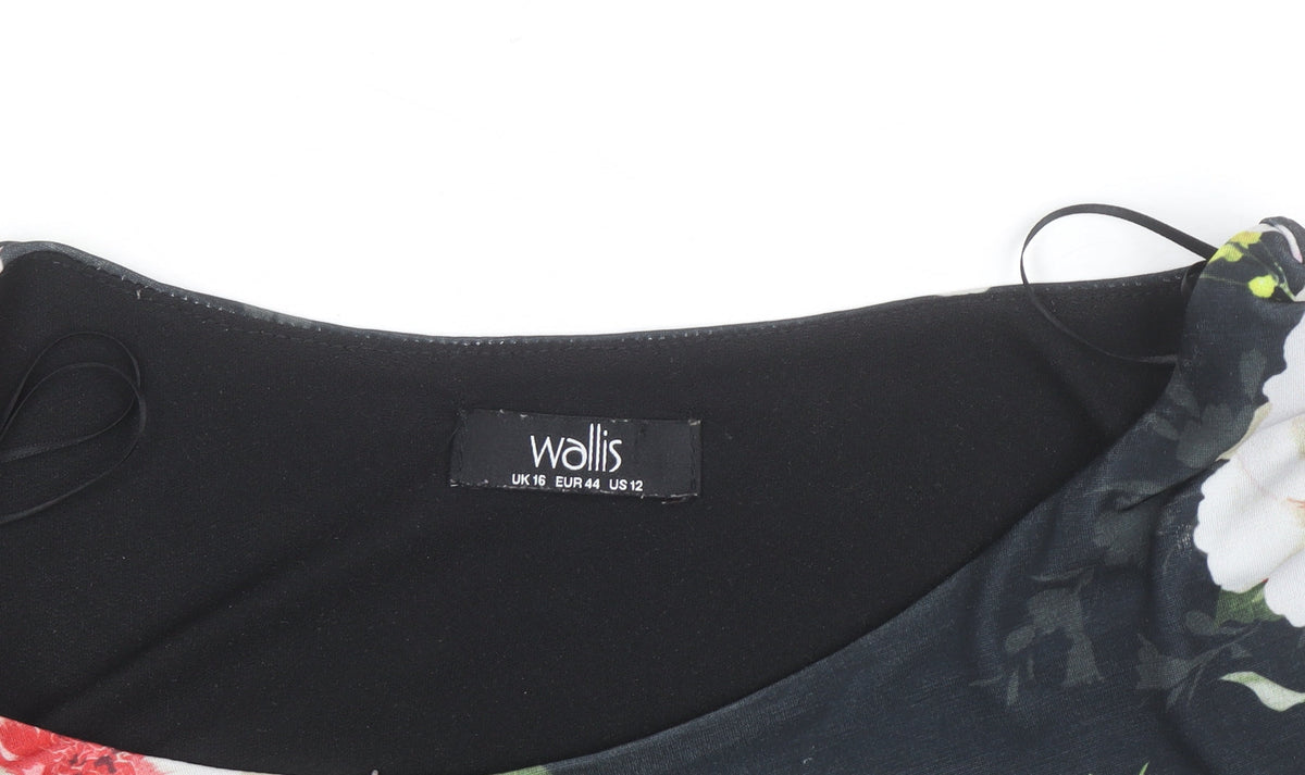Wallis Womens Black Floral Shift Dress Size 16 Knee Length 3/4 Sleeve