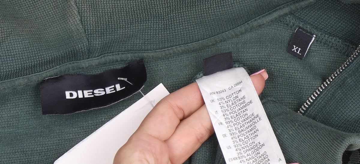 Diesel Men’s Green Full Zip Hoodie XL Cotton Blend Zip Up Sweatshirt