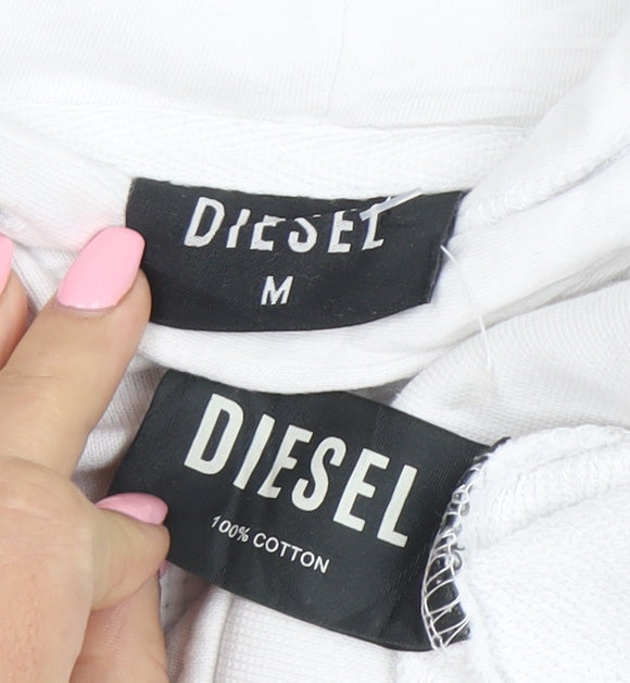 Diesel Men's White Hoodie Medium Pullover Graphic Logo Cotton