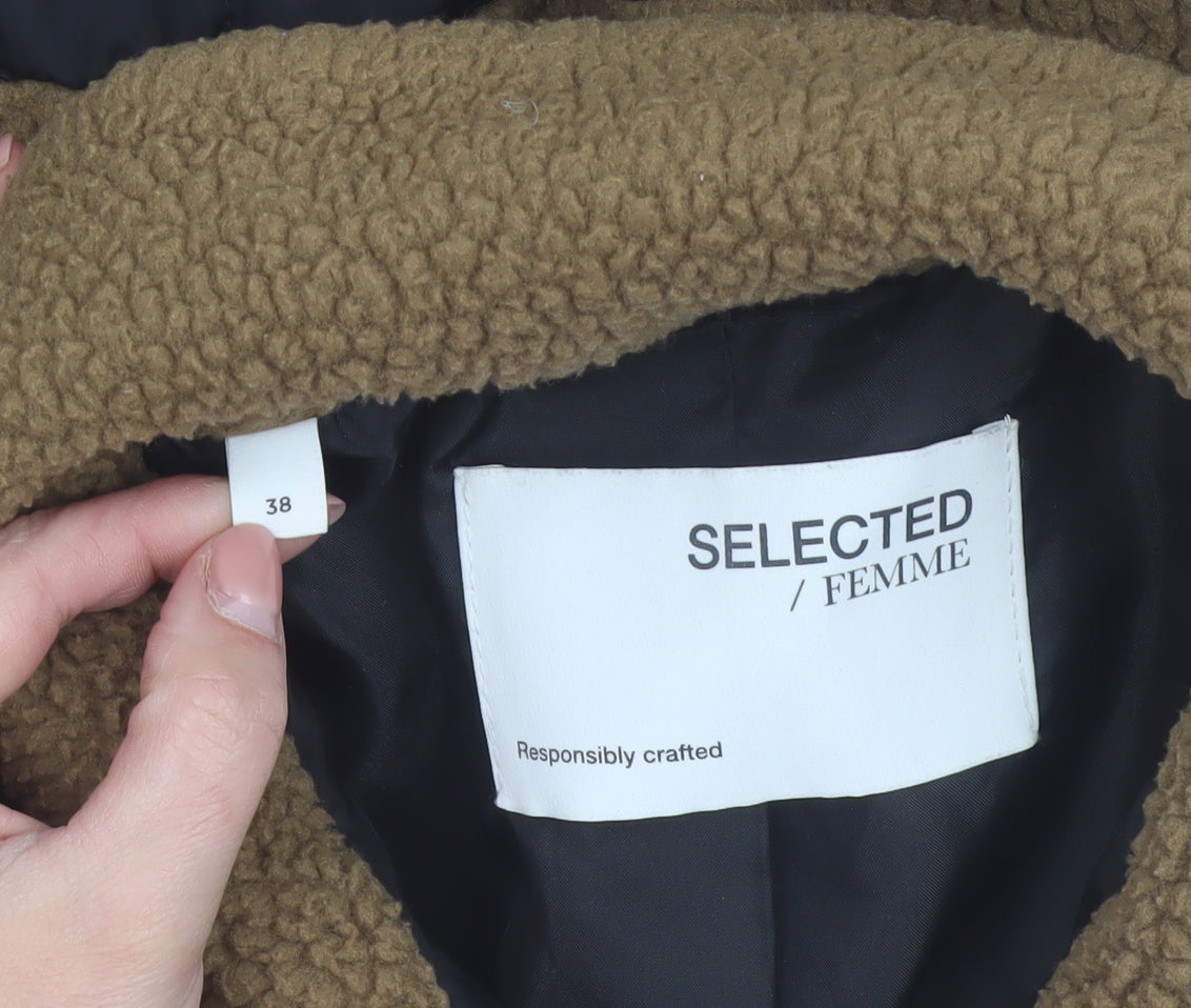 SELECTED FEMME Women's Brown Black Fleece Quilted Mid-Length Jacket Size 10