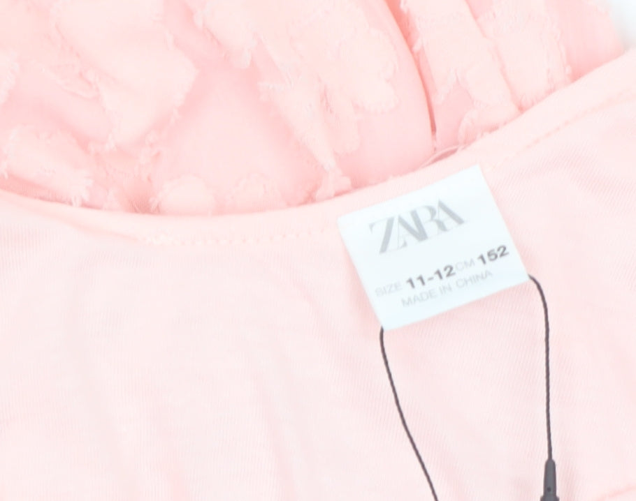 ZARA Girls Pink Bow Puff Sleeve Knee Length Dress Size 11-12 Years