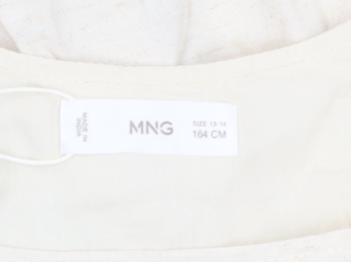 Mango Girls Ivory Embroidered Boho Cotton Linen Knee Length Dress 13-14 Years