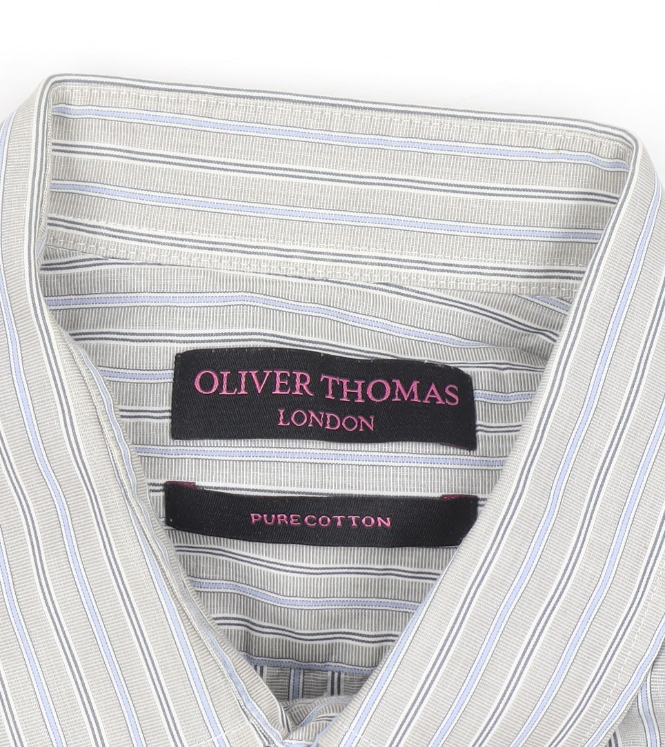 Oliver Thomas Men's Grey Striped Cotton Long Sleeve Button-Up Shirt Size 17