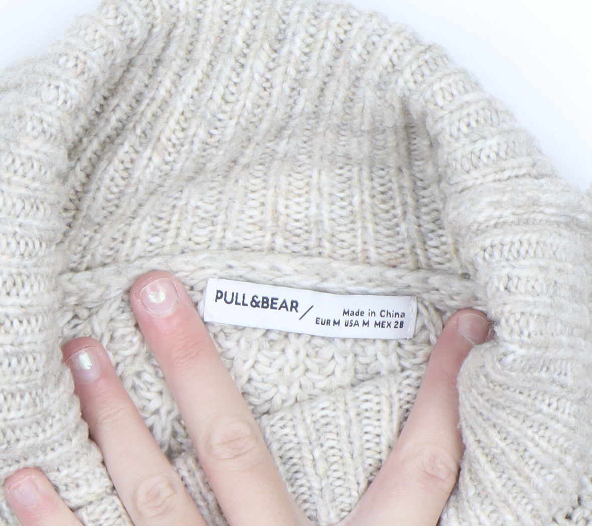 Pull & Bear Men's Beige Roll Neck Chunky Knit Jumper Size M