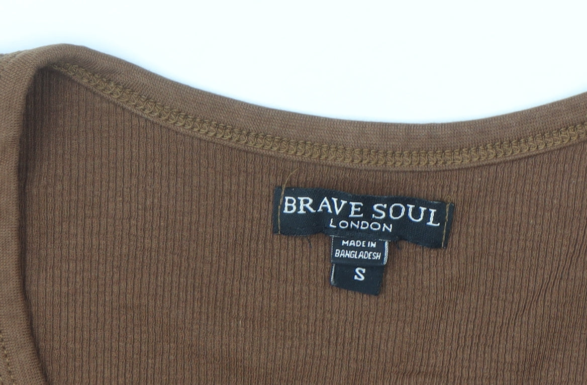 Brave Soul Women Brown Cropped V-Neck Short Sleeve T-Shirt S