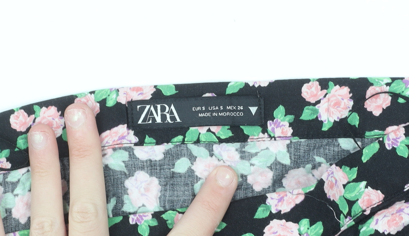 Zara Women Black Floral Flare Midi Skirt Size S Viscose