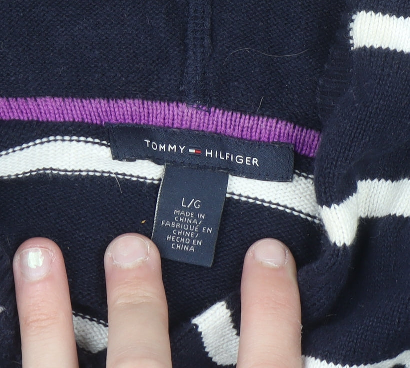 Tommy Hilfiger Women Navy Striped Cotton Pullover Hoodie Size L