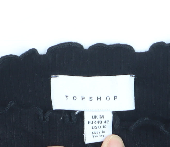 Topshop Women Black M Cropped Long Sleeve Ruffle Trim Top