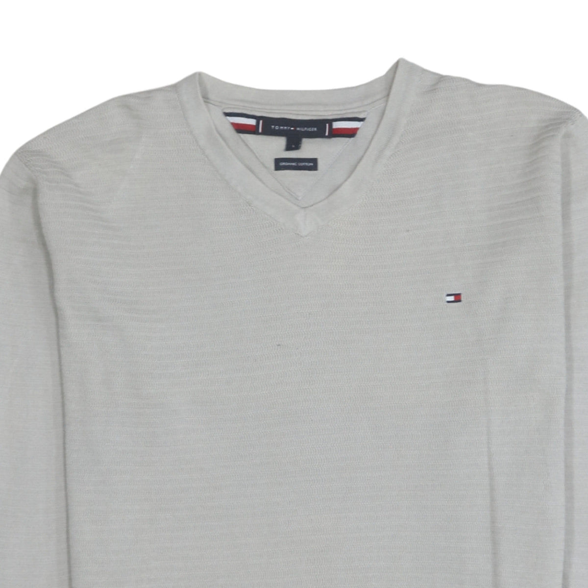 Tommy Hilfiger Men's Beige Organic Cotton V-Neck Jumper Size L