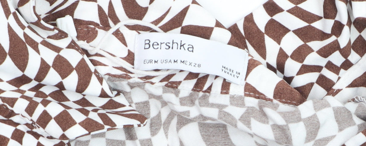 Bershka Women’s Brown Geometric Long Sleeve Button-Up Shirt Size 12