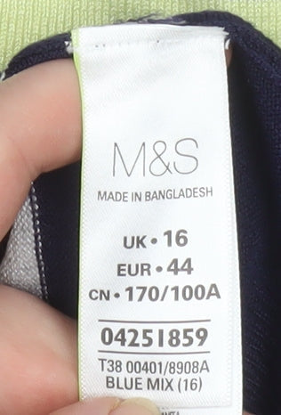 Marks & Spencer Women’s Blue Mix Striped Roll Neck Jumper Size 16