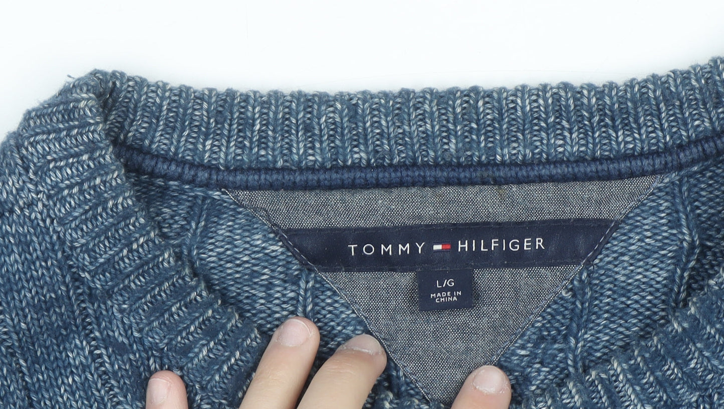 Tommy Hilfiger Men's Blue Cable-Knit Cotton Jumper Size L
