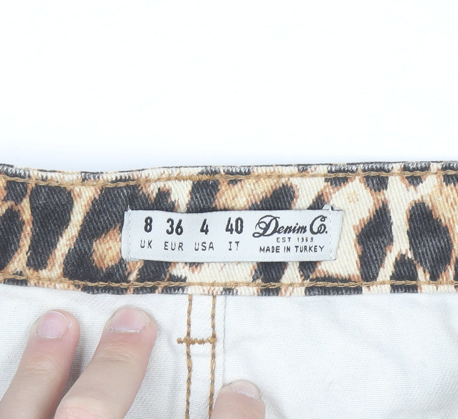 Denim Co. Womens Brown Leopard Print Mini Skirt Size 8 Cotton Denim
