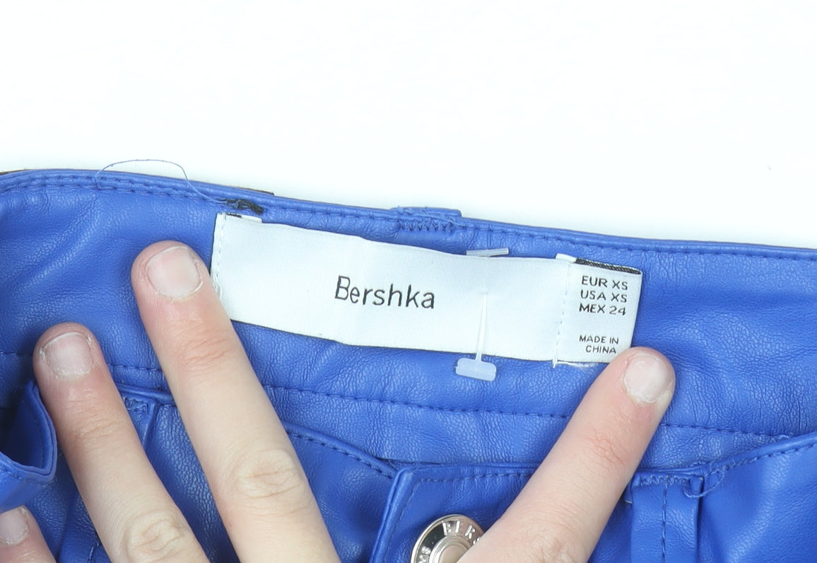 Bershka Women Blue Faux Leather Straight Leg Trousers XS
