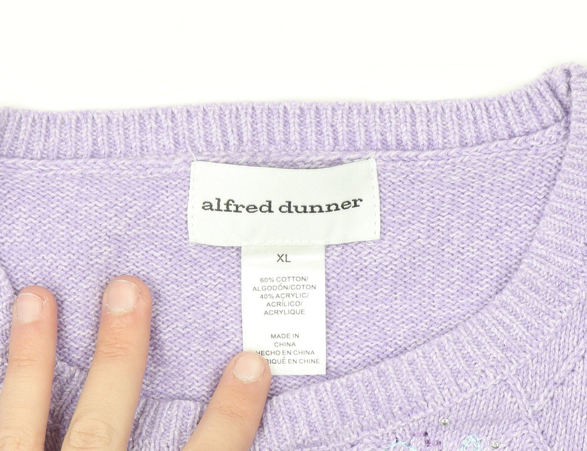 Alfred Dunner Womens Purple XL Crew Neck Embroidered Knit Jumper