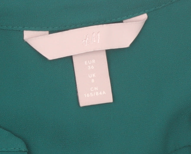 H&M Women's Green Pleated V-Neck Chiffon Tunic Blouse Size 8