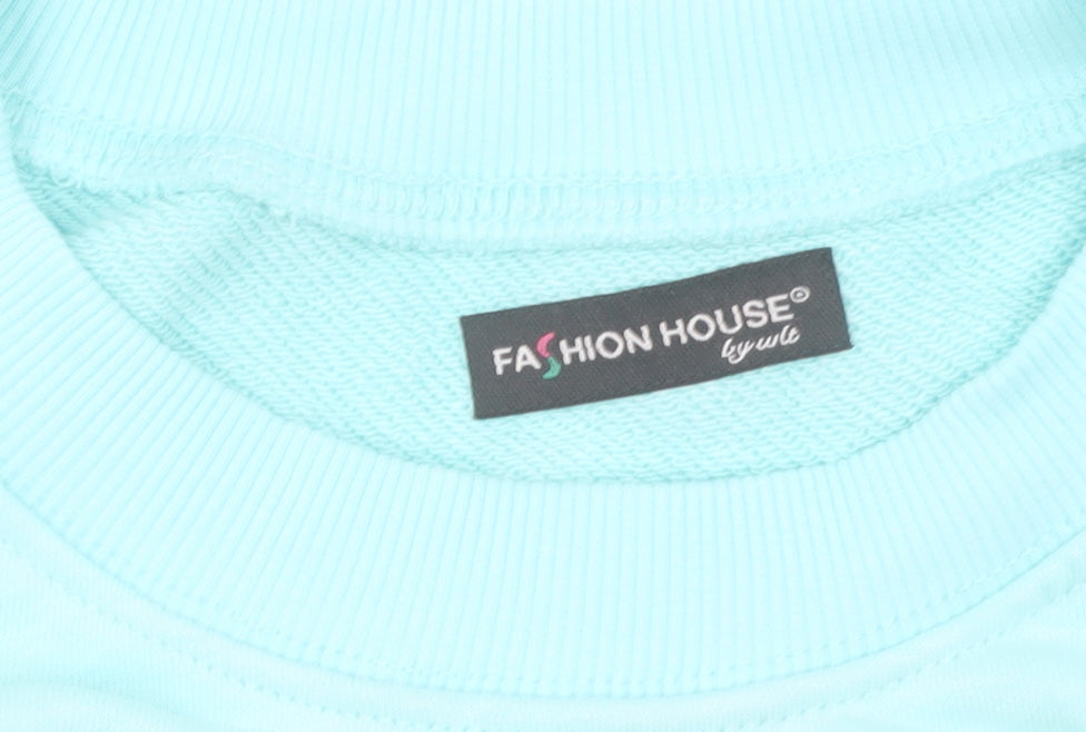 Fashion House Women Blue Crew Neck Pullover Sweatshirt Rhinestone Queen Design Size M