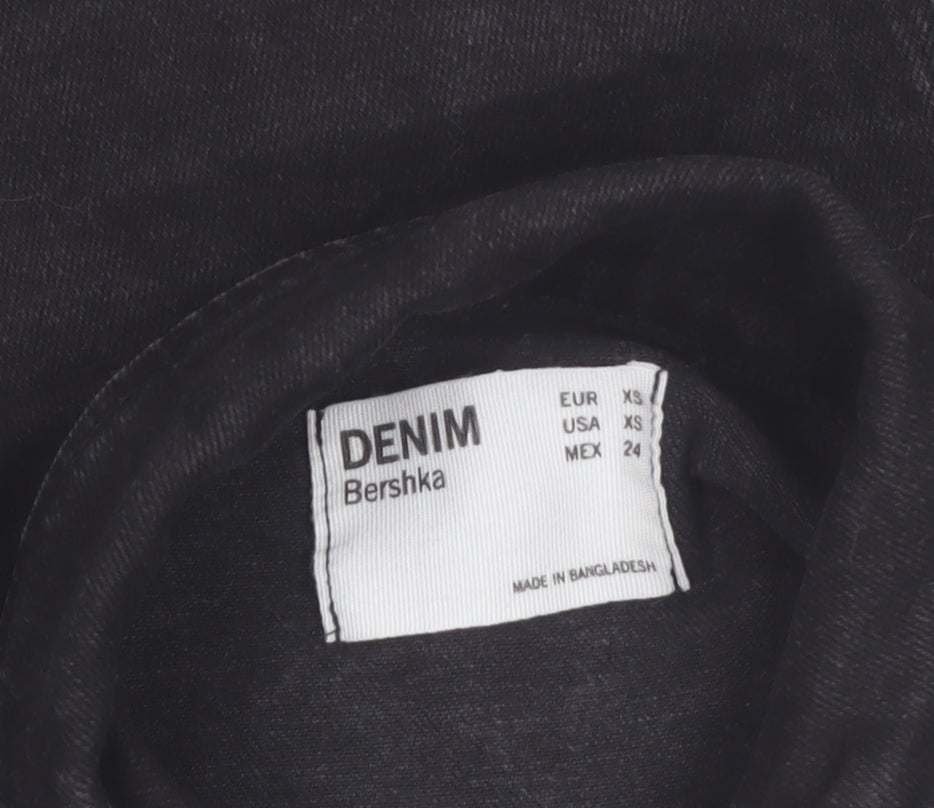 Bershka Women Black Denim Basic Jacket XS Collared Button Casual