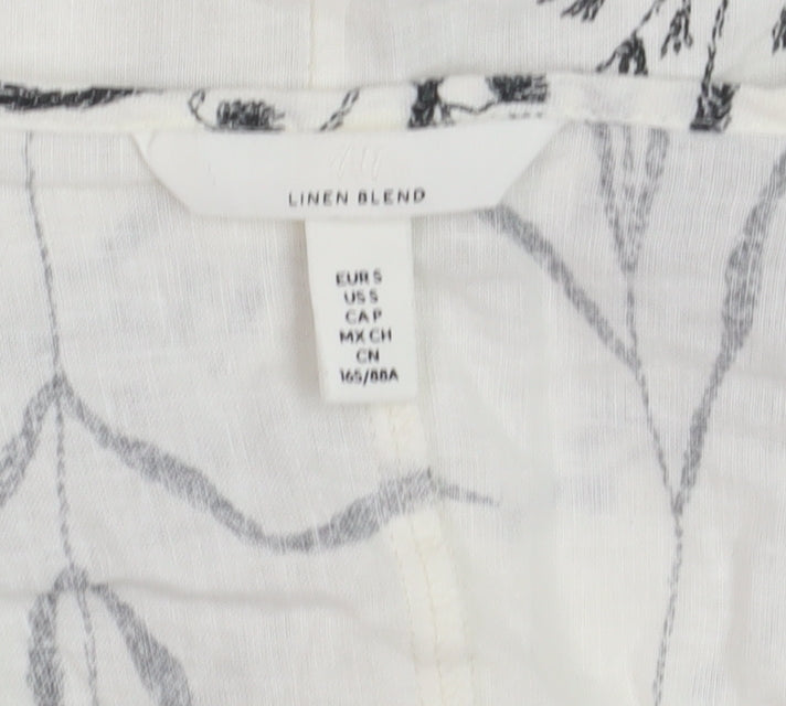H&M Women’s White Floral Linen Blend Cropped Puff Sleeve Blouse Size 8