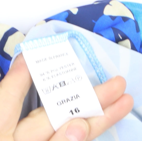 J'aime La Vie Women Blue Geometric Short Sleeve Blouse Size 16