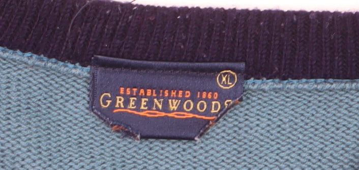 Greenwoods Men’s Blue Argyle Knit V-Neck Pullover Jumper XL