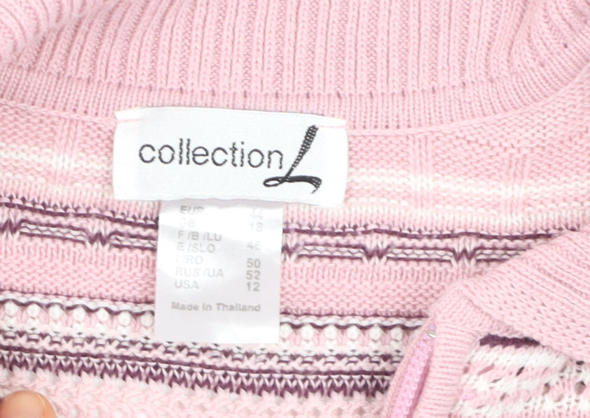 Collection L Women's Pink Striped Collared 3/4 Sleeve Knit Jumper Size 16
