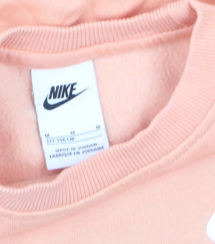 Nike Girls Orange Fleece Pullover Sweatshirt M Logo Crew Neck