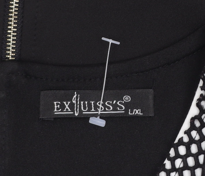 EXJUISS'S Women Black Floral Striped Lace Shift Dress L Knee Length